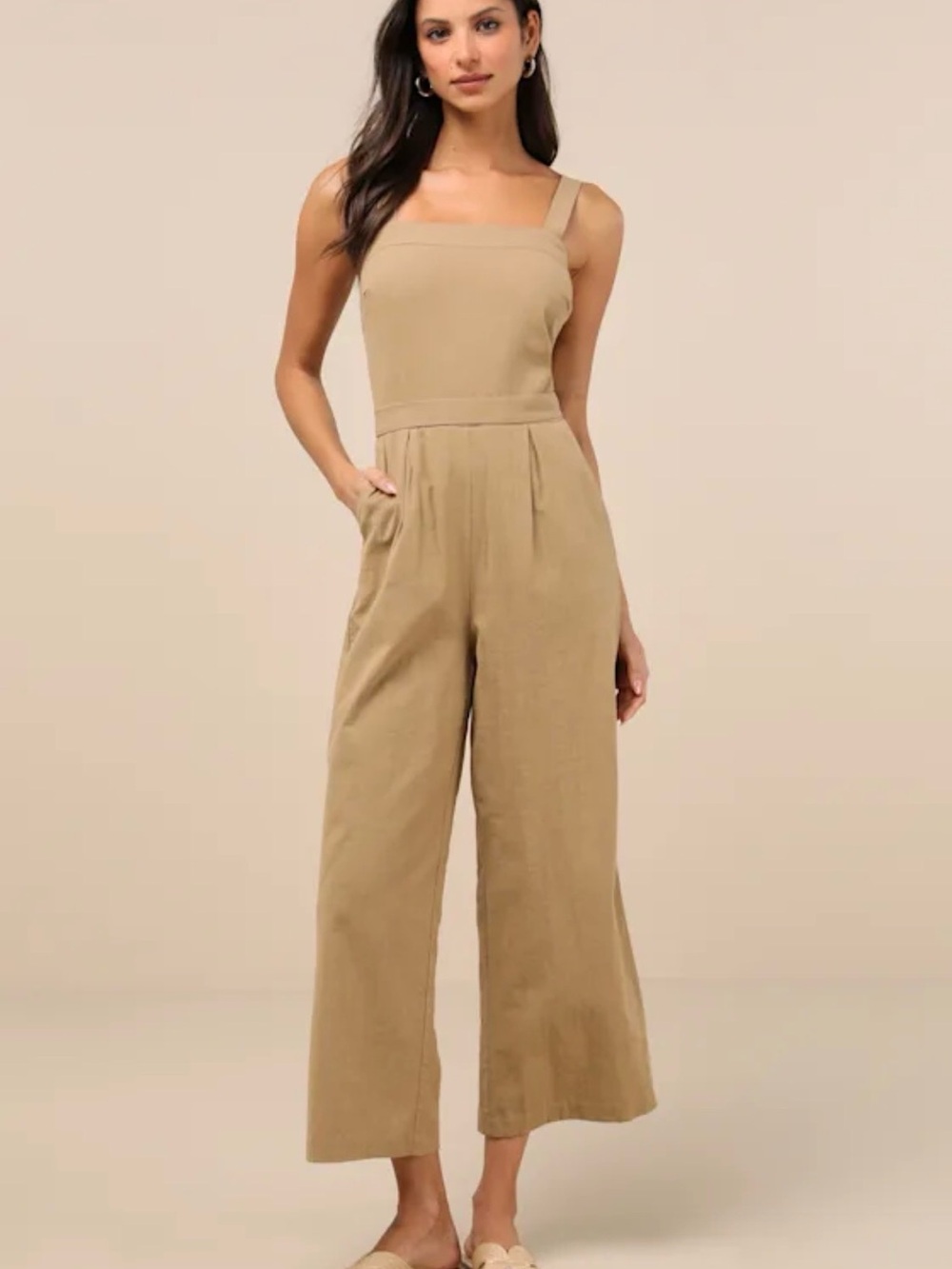 Lulus NWT Lucky For Me Beige Cotton Sleeveless Cropped Jumpsuit Large